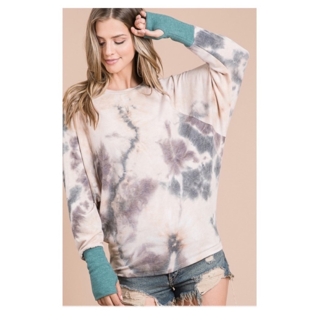 New Lightweight Tie-Dye Thumb Hole Dolman Sleeve Top